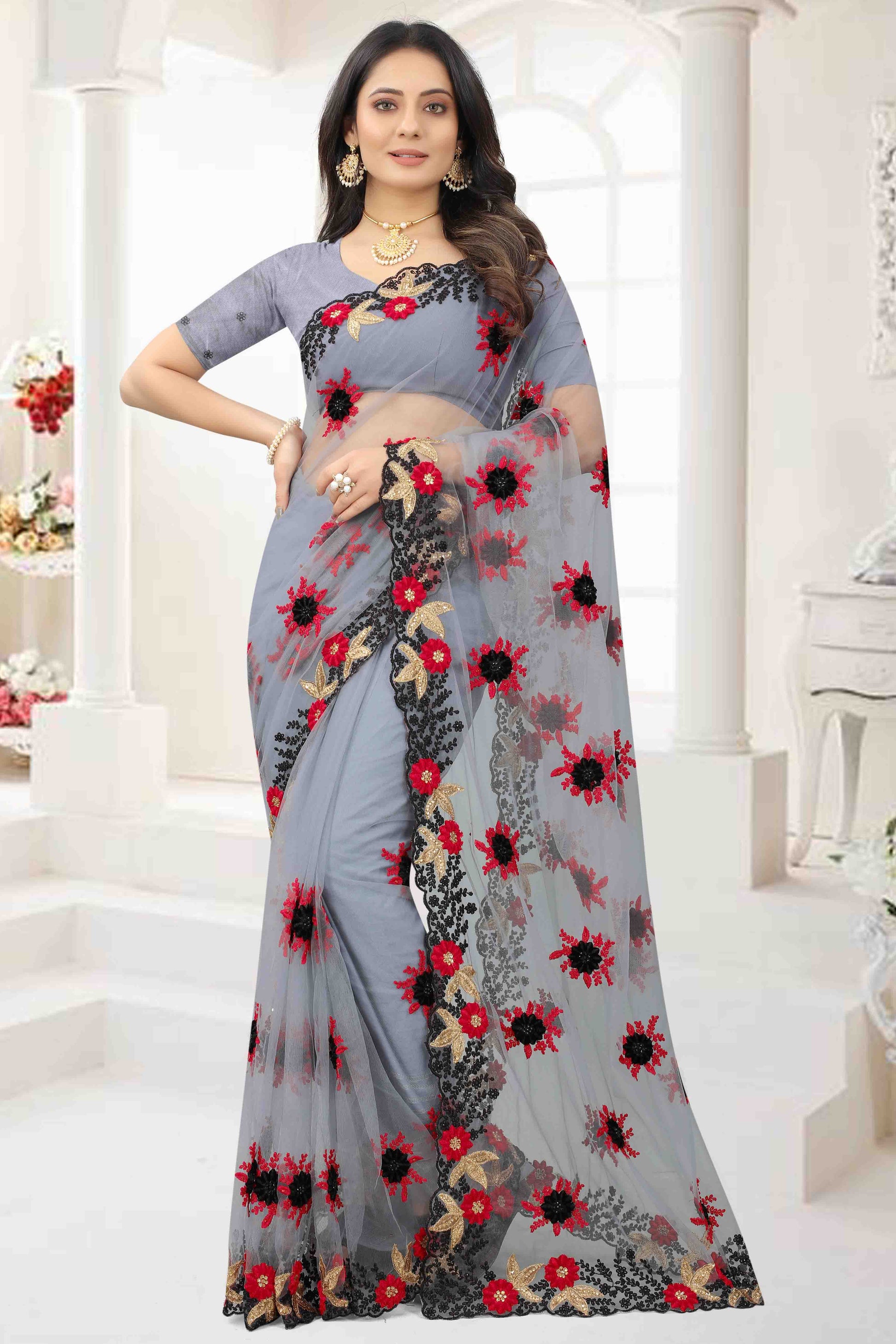 Grey Colour Net Designer Saree