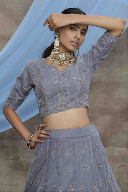 Grey Colour Net Embroidery Lehenga Choli