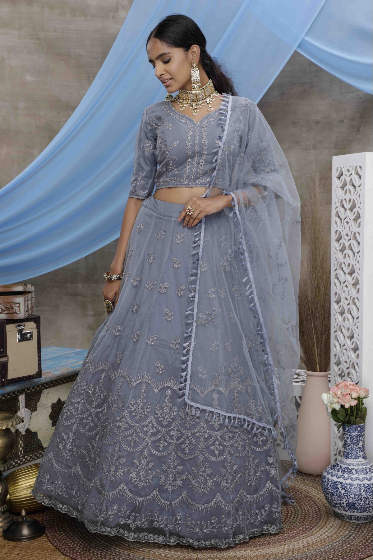 Grey Colour Net Embroidery Lehenga Choli