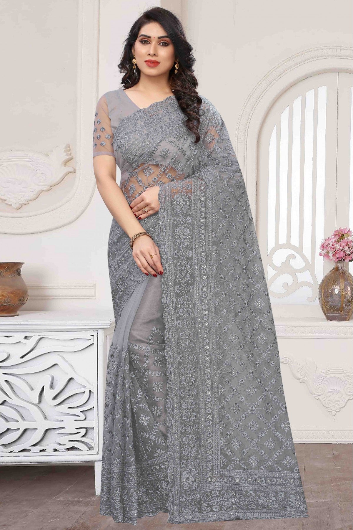 Grey Colour Net Embroidery Saree