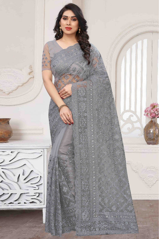 Grey Colour Net Embroidery Saree