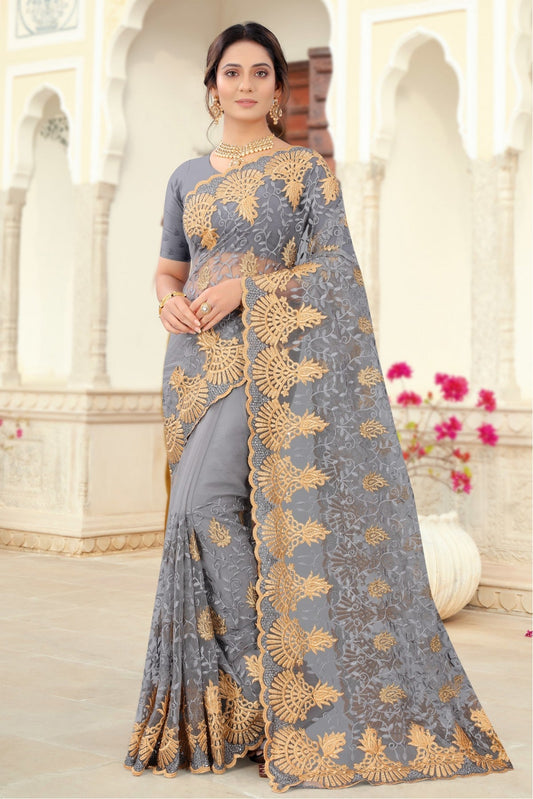 Grey Colour Net Embroidery Saree