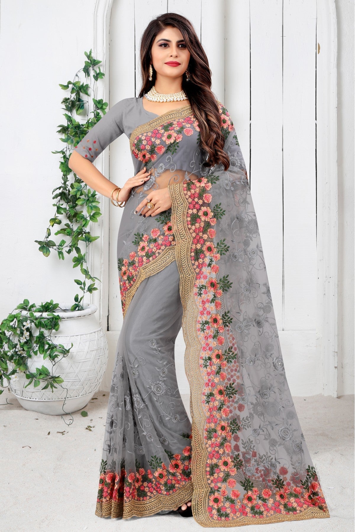 Grey Colour Net Embroidery Saree