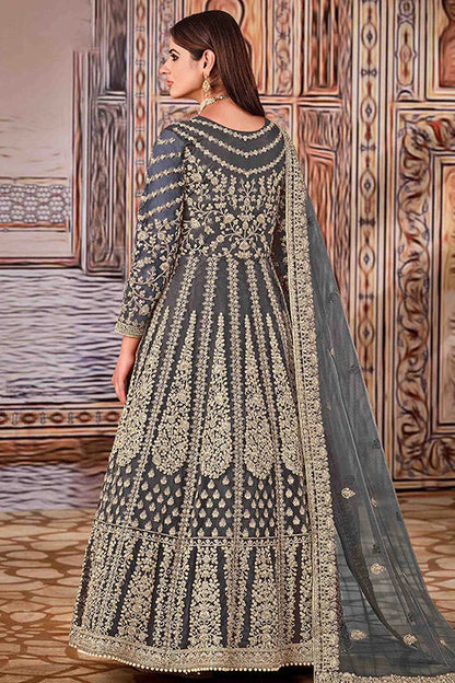 Grey Colour Net Semi Stitched Anarkali Suit