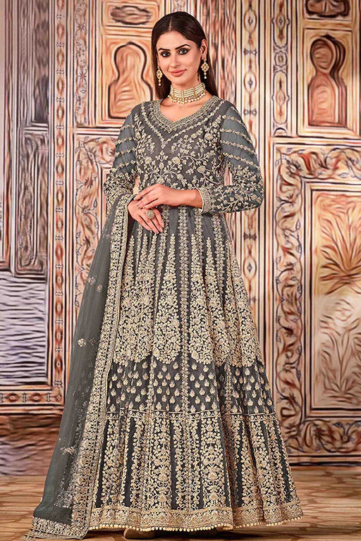 Grey Colour Net Semi Stitched Anarkali Suit