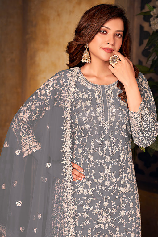 Grey Colour Net Semi Stitched Palazzo Pant Suit