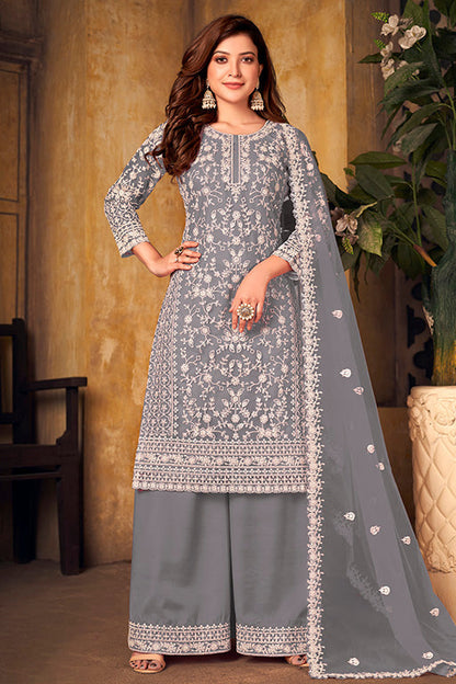 Grey Colour Net Semi Stitched Palazzo Pant Suit