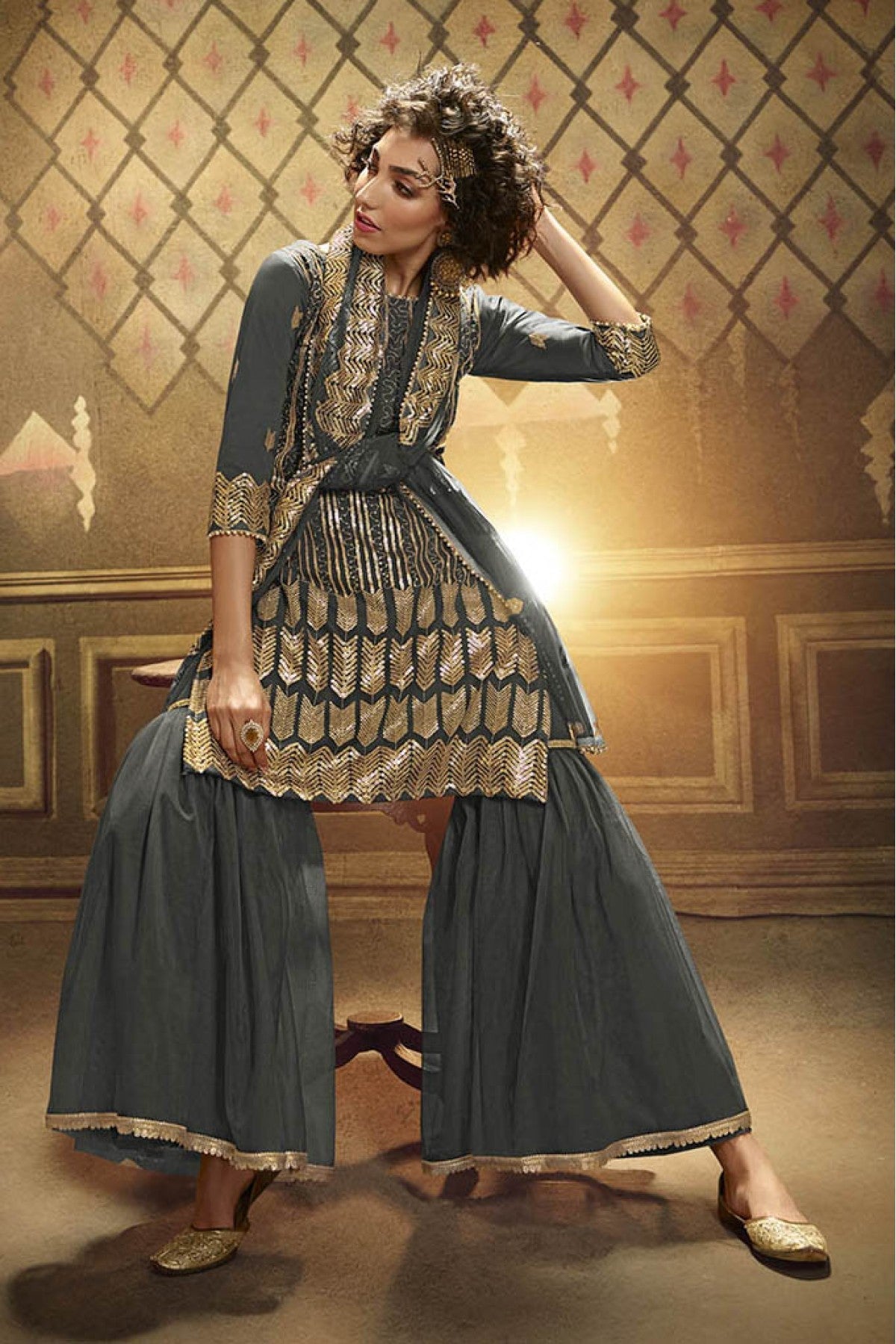 Grey Colour Net Sequins Work Sharara Suit