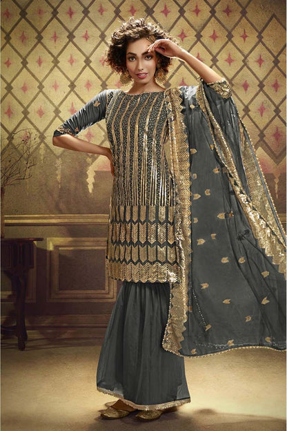 Grey Colour Net Sequins Work Sharara Suit