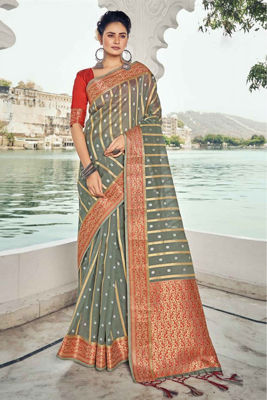 Grey Colour Organza Woven Saree