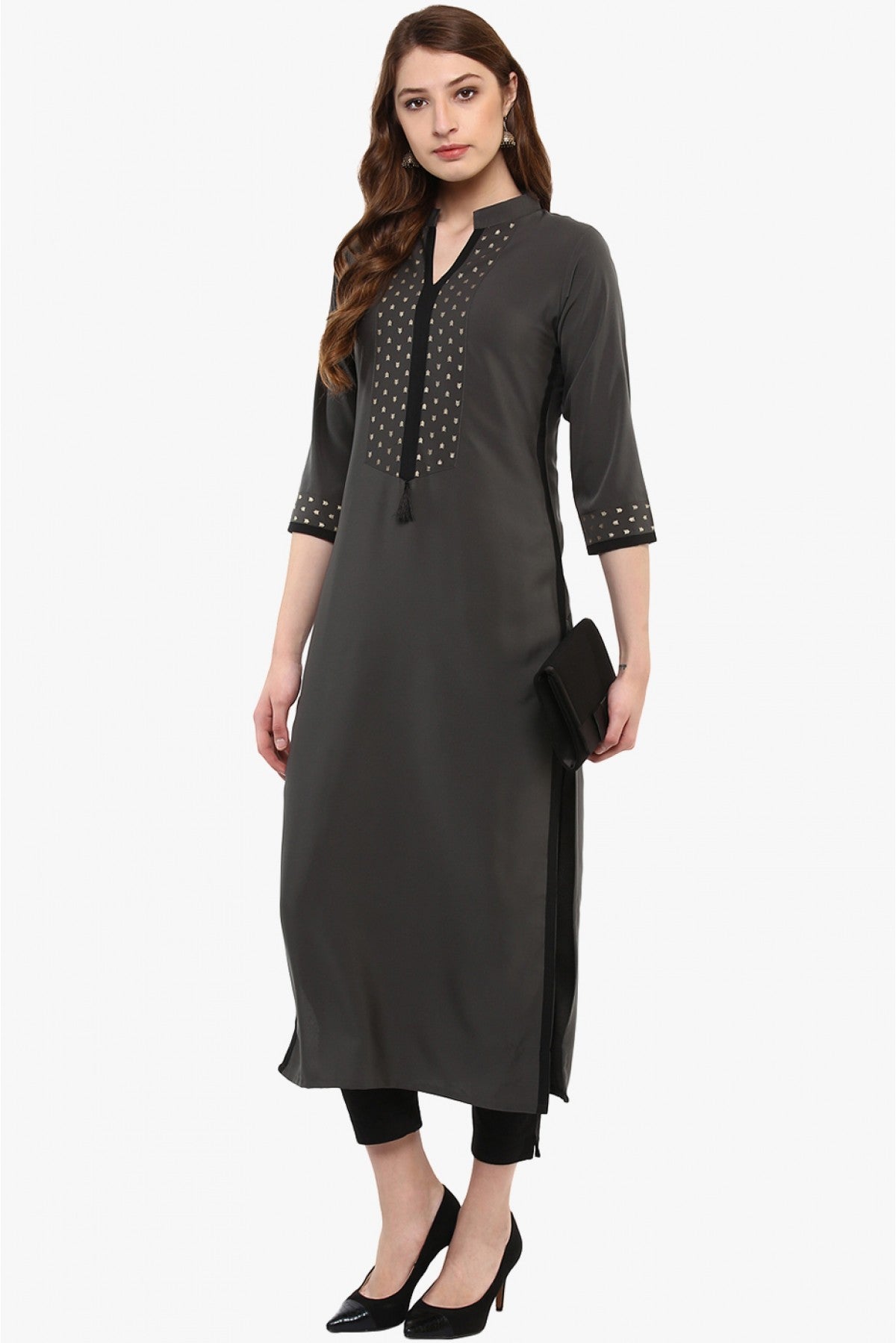 Grey Colour Plus Size Crepe Straight Kurti