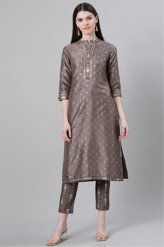 Grey Colour Plus Size Poly Silk Printed Kurta Pant Set