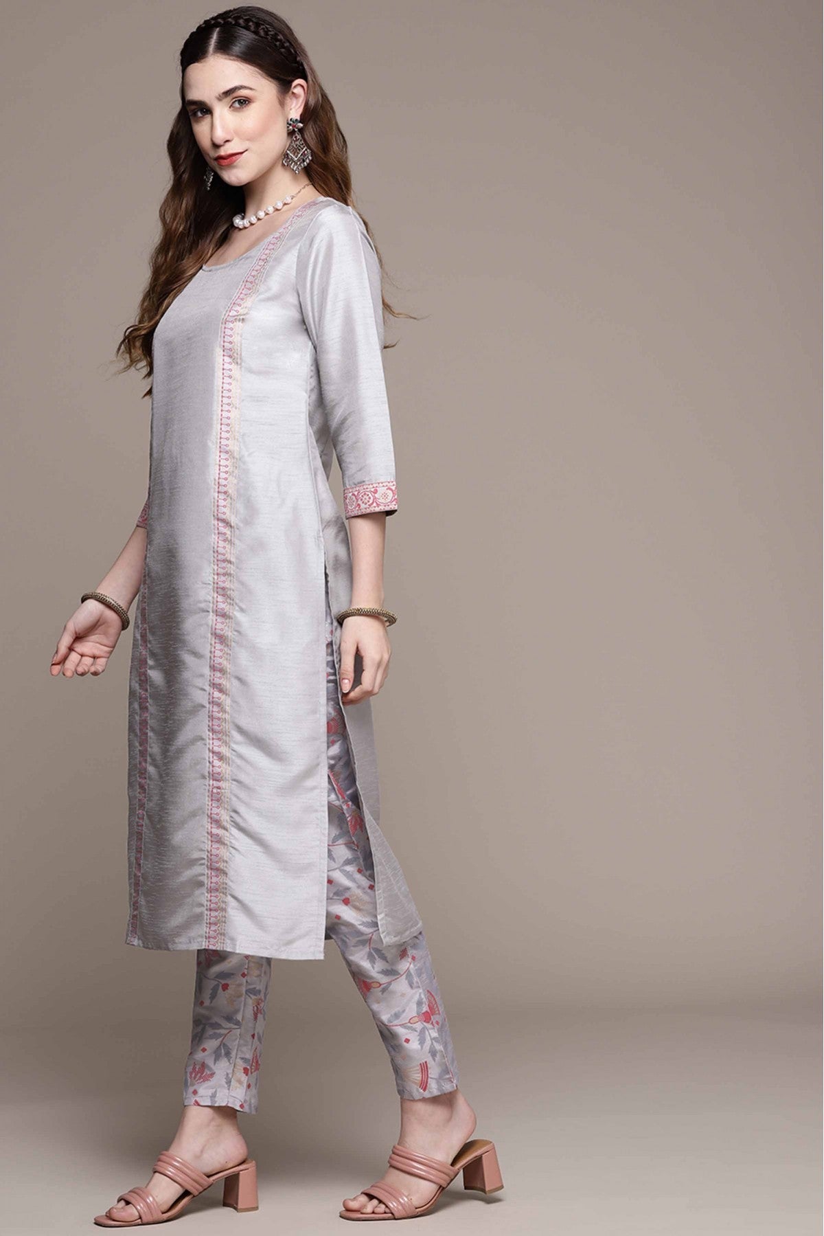 Grey Colour Poly Silk Foil Print Kurta With Pant