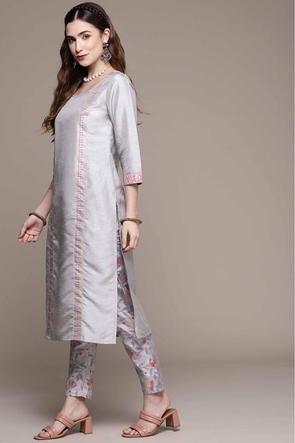 Grey Colour Poly Silk Foil Print Kurta With Pant