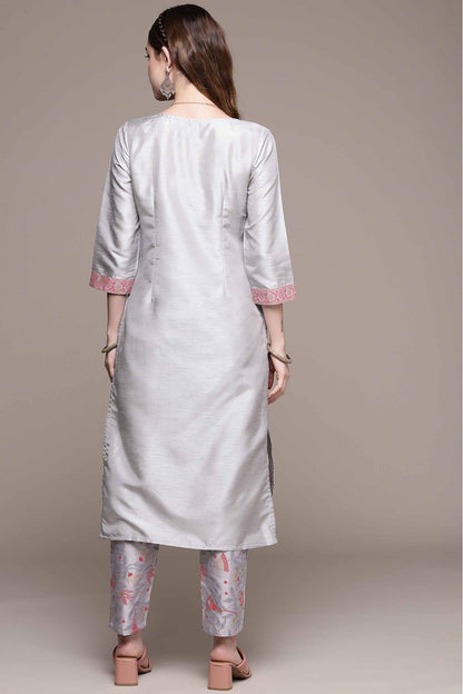 Grey Colour Poly Silk Foil Print Kurta With Pant