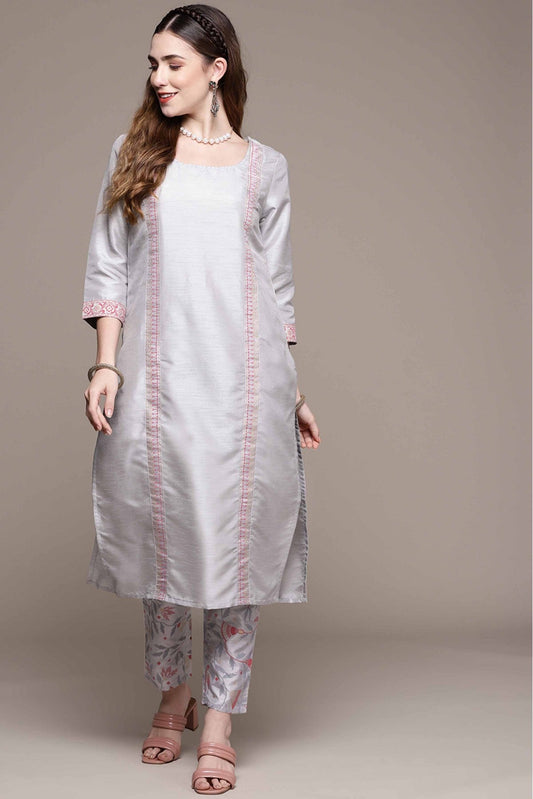 Grey Colour Poly Silk Foil Print Kurta With Pant