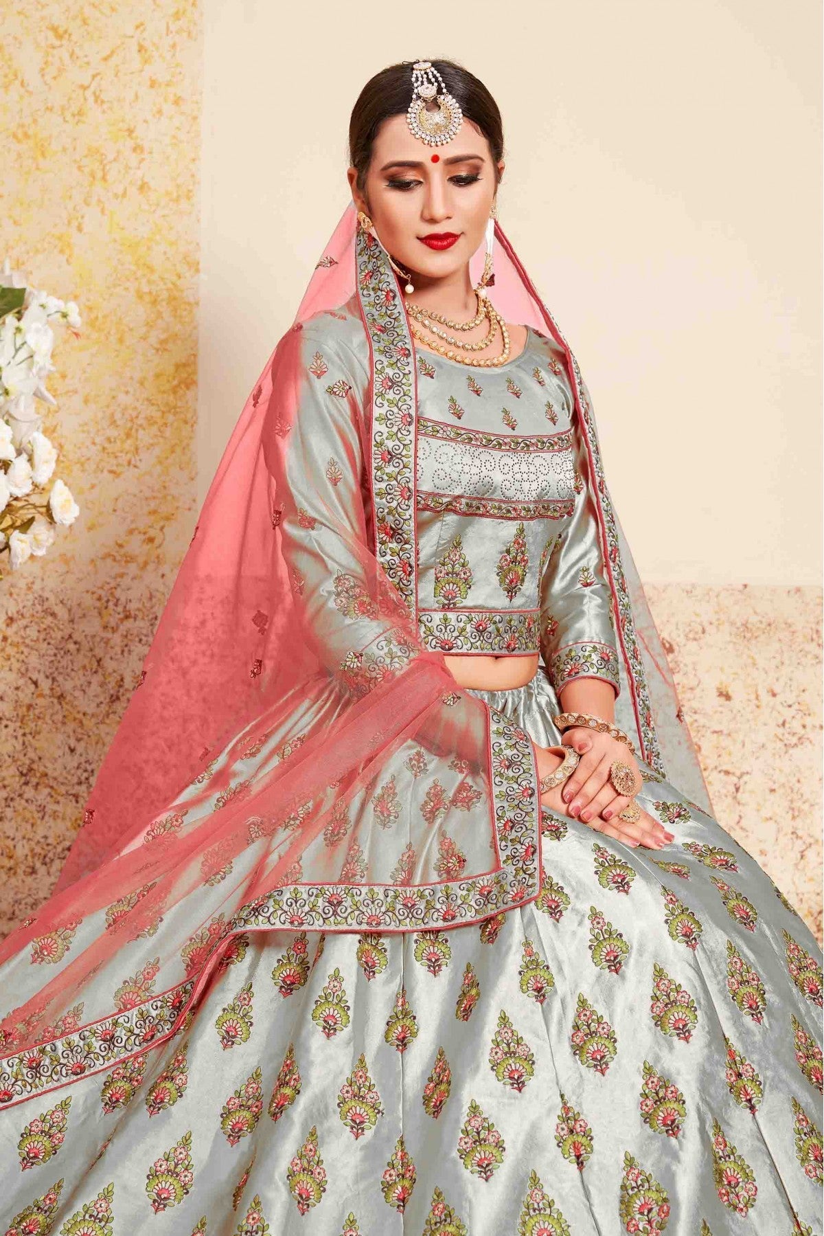 Grey Colour Satin Embroidery Lehenga Choli