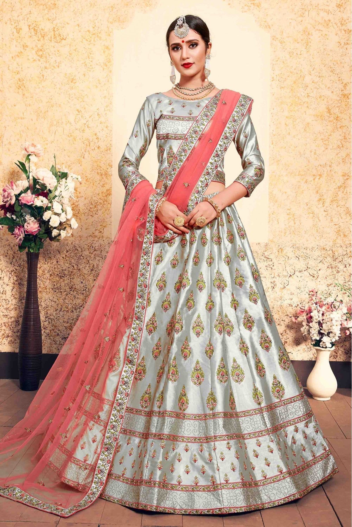 Grey Colour Satin Embroidery Lehenga Choli