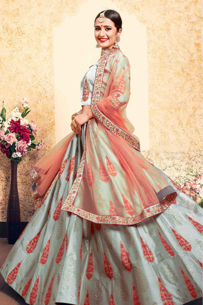 Grey Colour Satin Embroidery Lehenga Choli