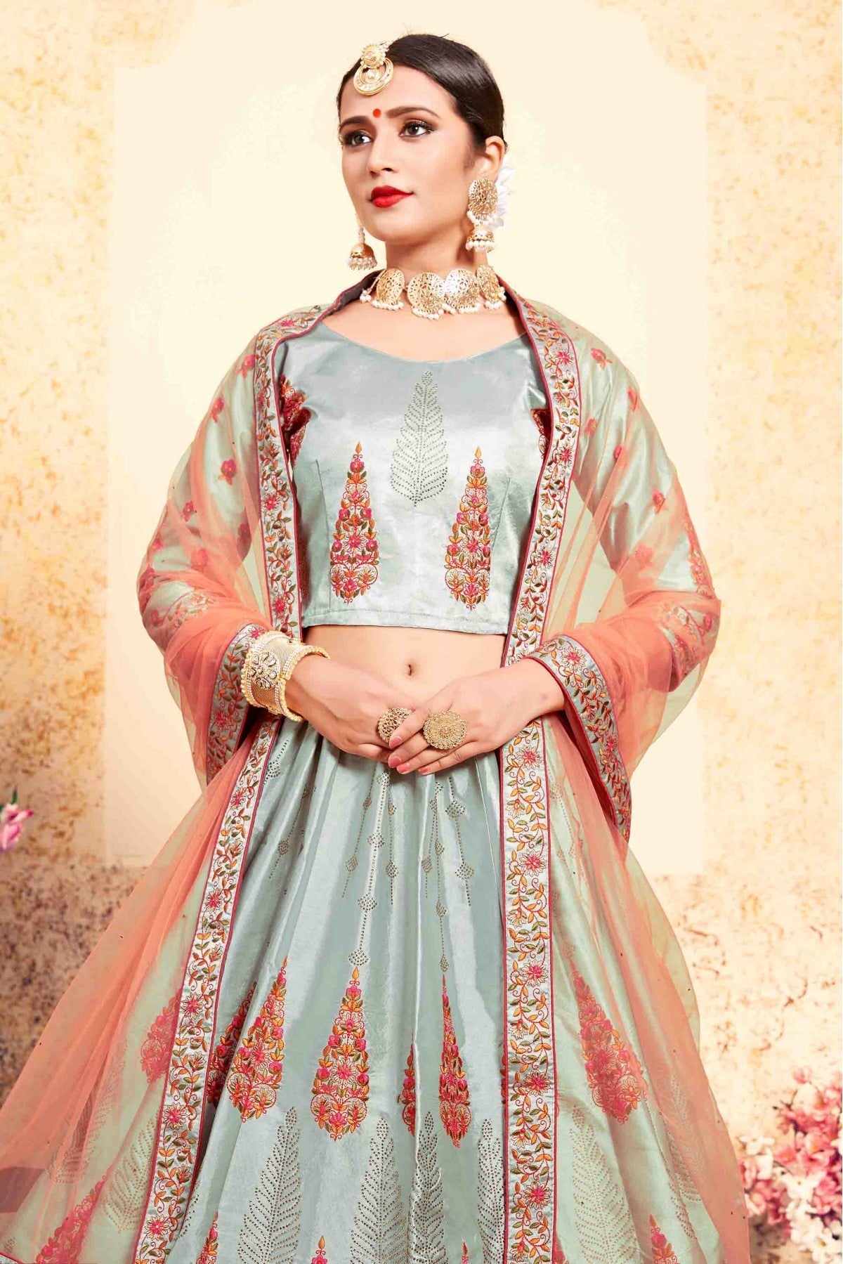 Grey Colour Satin Embroidery Lehenga Choli