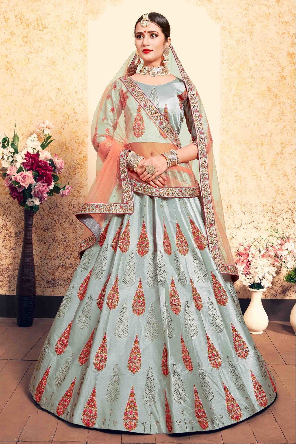 Grey Colour Satin Embroidery Lehenga Choli