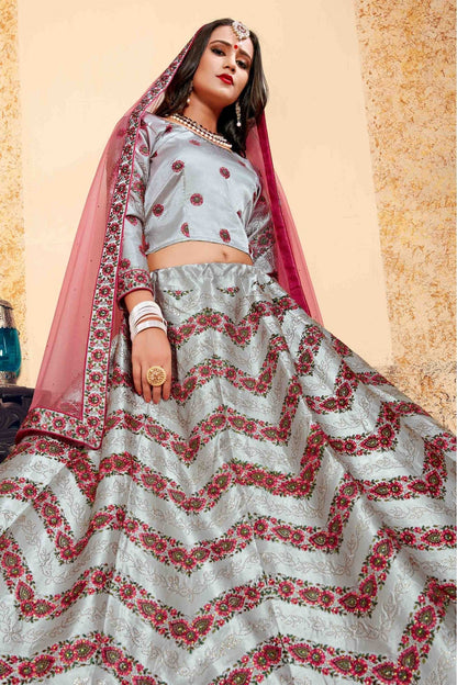 Grey Colour Satin Embroidery Lehenga Choli