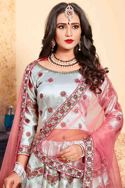 Grey Colour Satin Embroidery Lehenga Choli