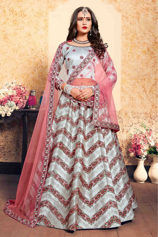 Grey Colour Satin Embroidery Lehenga Choli