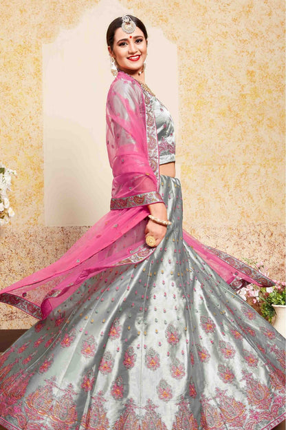 Grey Colour Satin Embroidery Lehenga Choli