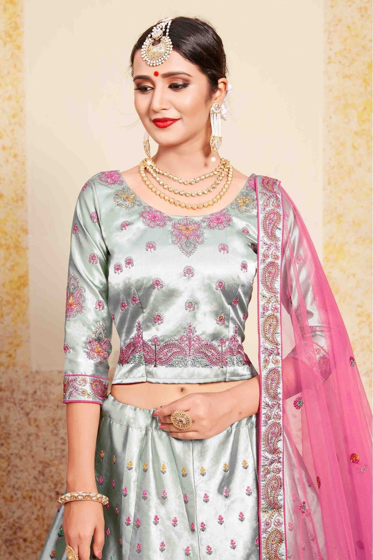 Grey Colour Satin Embroidery Lehenga Choli