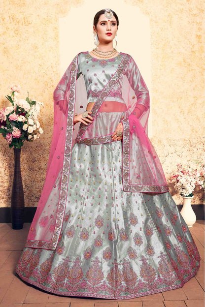 Grey Colour Satin Embroidery Lehenga Choli