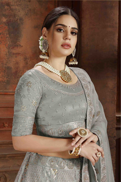 Grey Colour Soft Net Embroidery Lehenga Choli