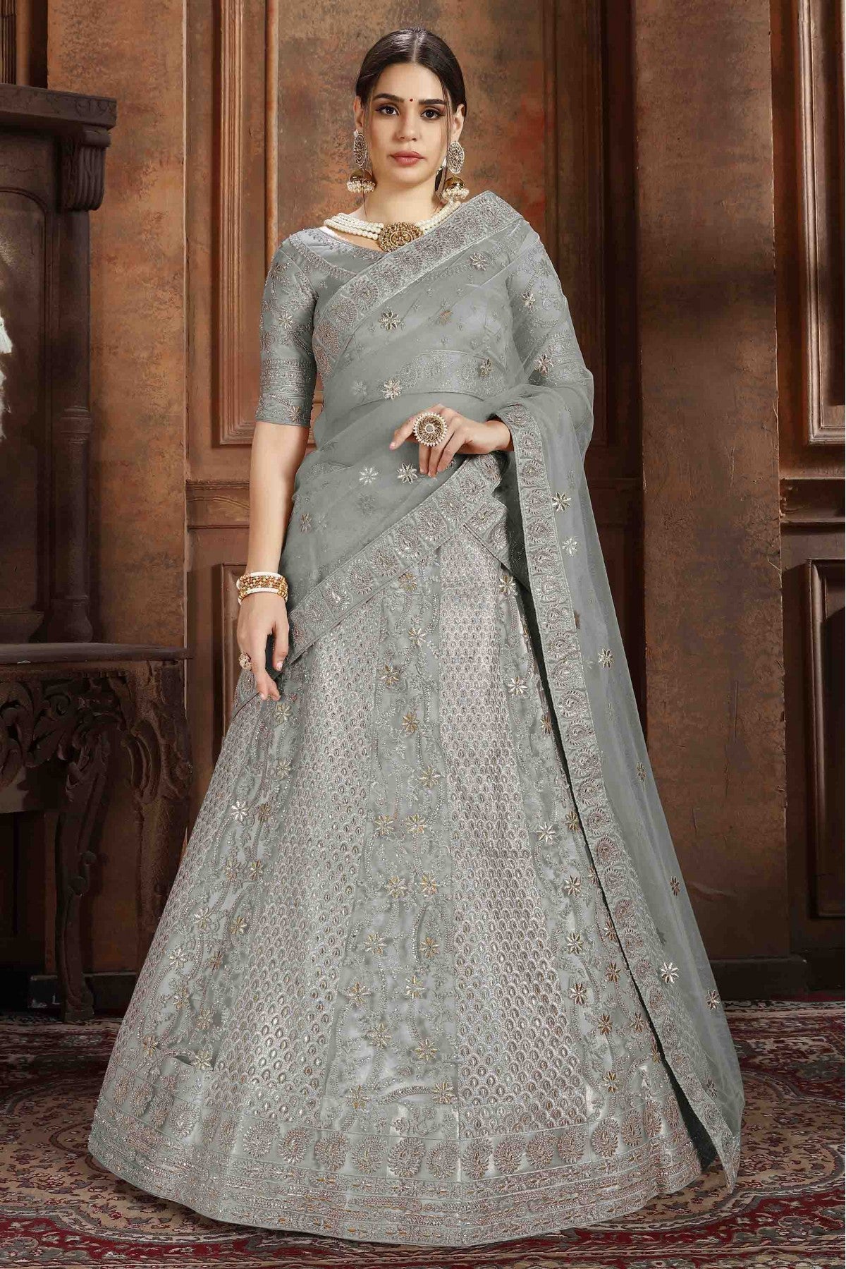 Grey Colour Soft Net Embroidery Lehenga Choli