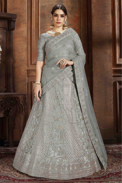 Grey Colour Soft Net Embroidery Lehenga Choli