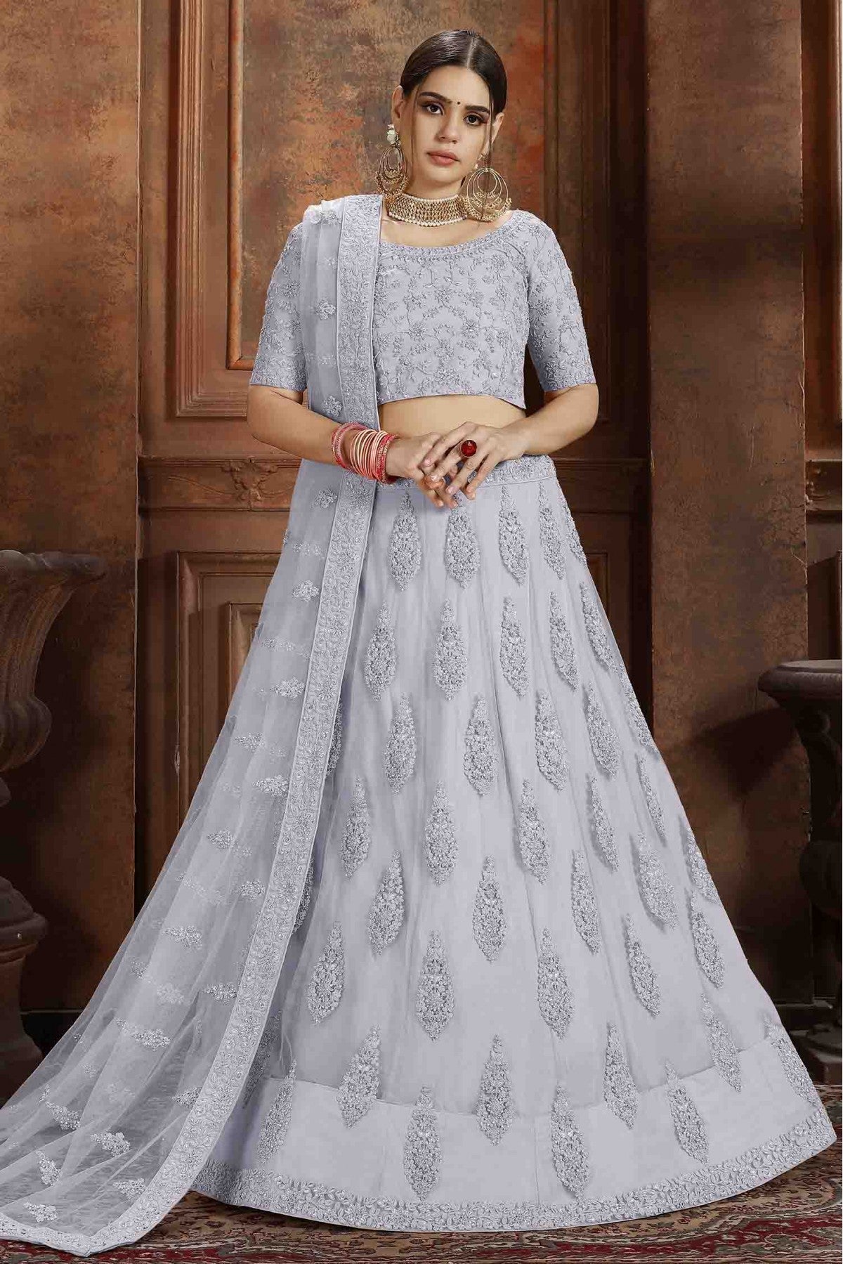 Grey Colour Soft Net Embroidery Lehenga Choli