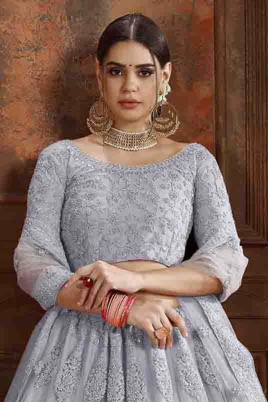 Grey Colour Soft Net Embroidery Lehenga Choli