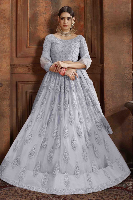 Grey Colour Soft Net Embroidery Lehenga Choli