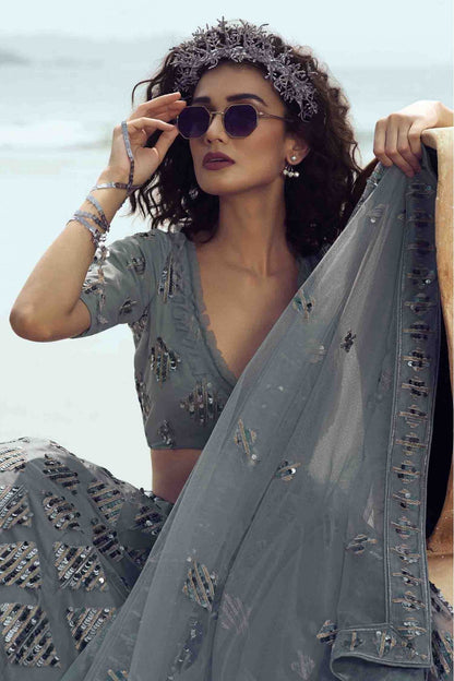 Grey Colour Soft Net Embroidery Lehenga Choli