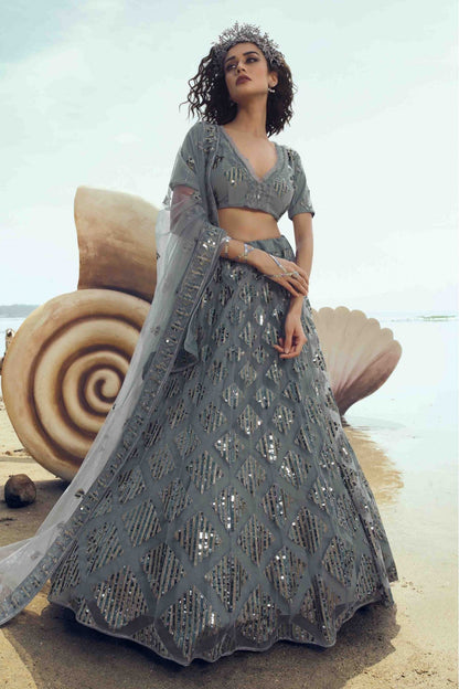 Grey Colour Soft Net Embroidery Lehenga Choli