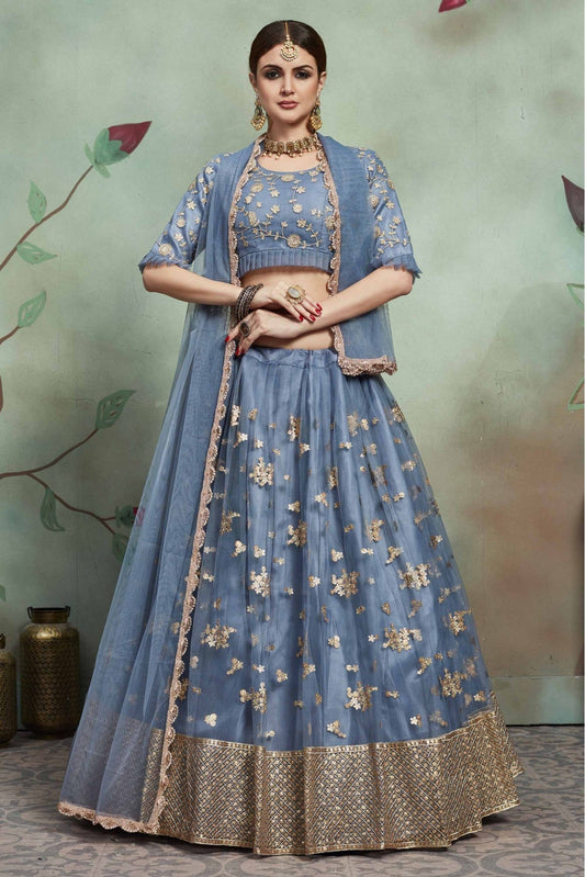 Grey Colour Soft Net Sequins Work Lehenga Choli