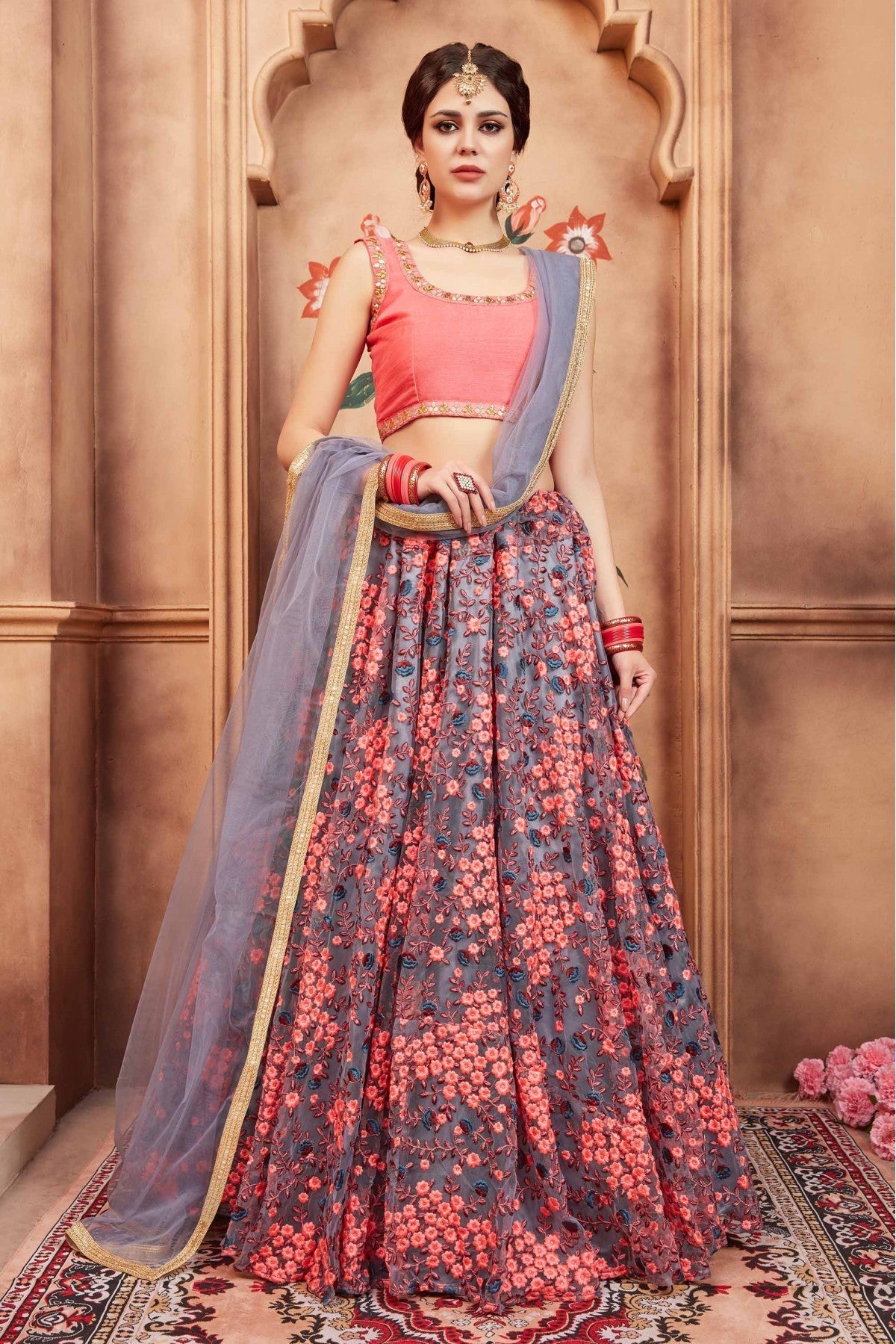 Grey Colour Soft Net Thread Work Lehenga Choli