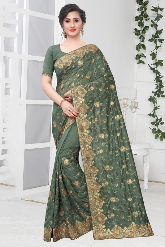 Grey Colour Vichitra Silk Designer Saree