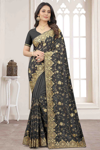 Grey Colour Vichitra Silk Designer Saree