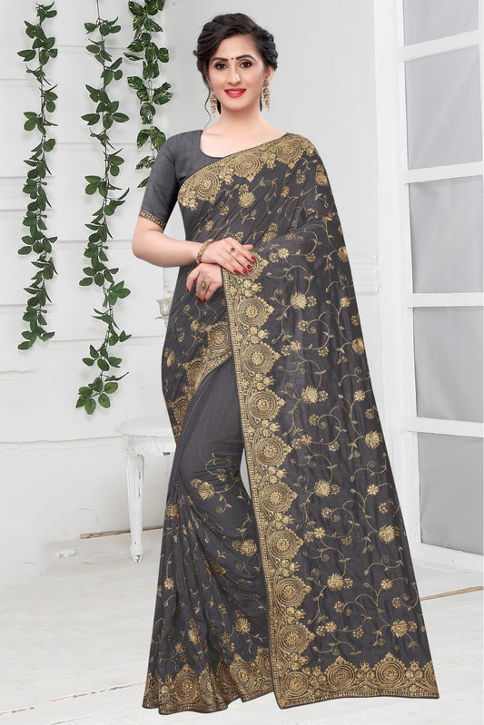 Grey and Blue Colour Vichitra Silk Designer Saree