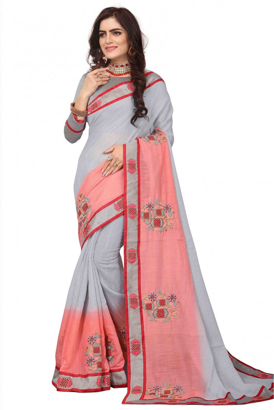 Grey and Peach Colour Art Silk Embroidery Saree