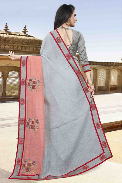 Grey and Peach Colour Cotton Designer Saree