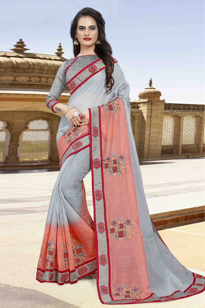 Grey and Peach Colour Cotton Designer Saree