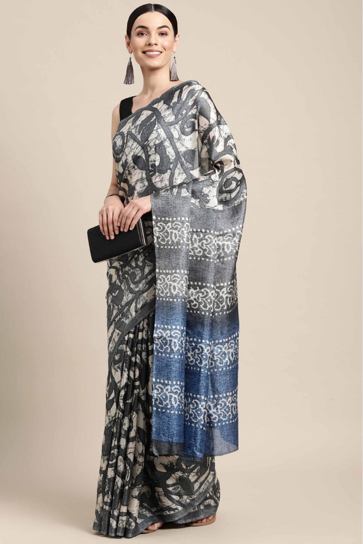 Grey and White Colour Cotton Printed Saree