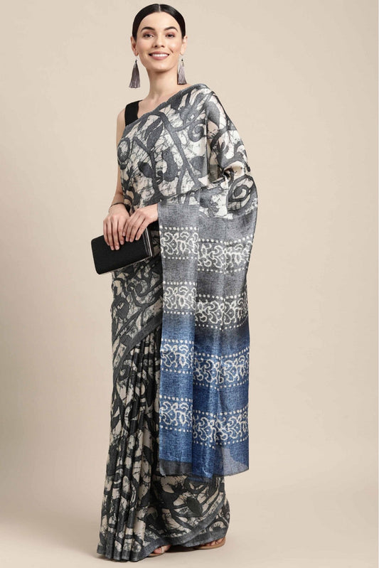 Grey and White Colour Cotton Printed Saree