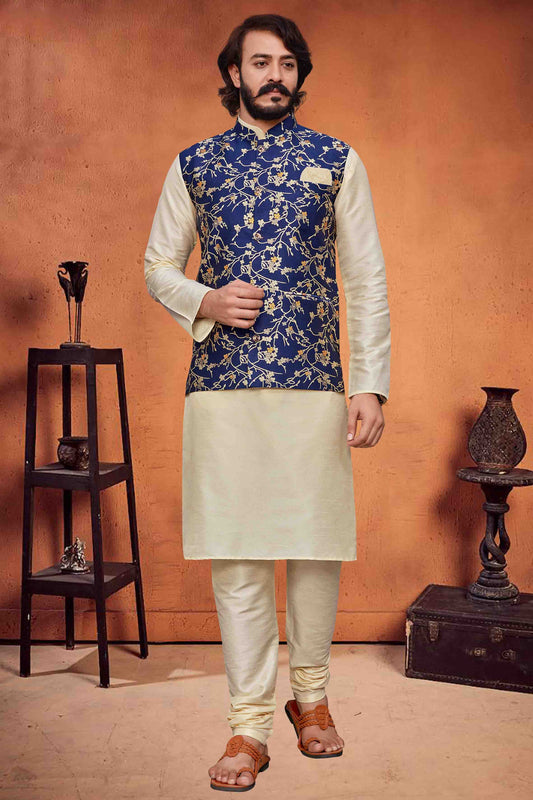 Ivory Colour Kurta Pajama With Jacket In Art Silk